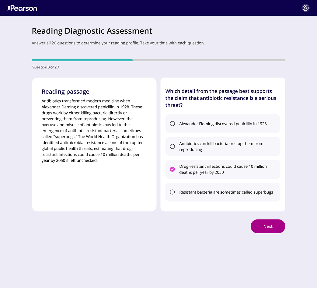 Diagnostic question: a reading passage beside multiple-choice answers