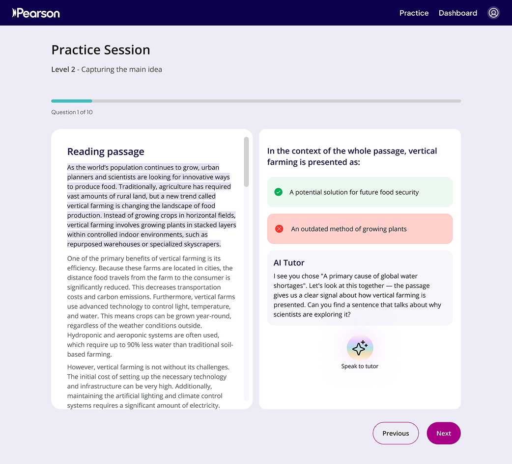 Practice session with the AI tutor explaining a mistake against the passage