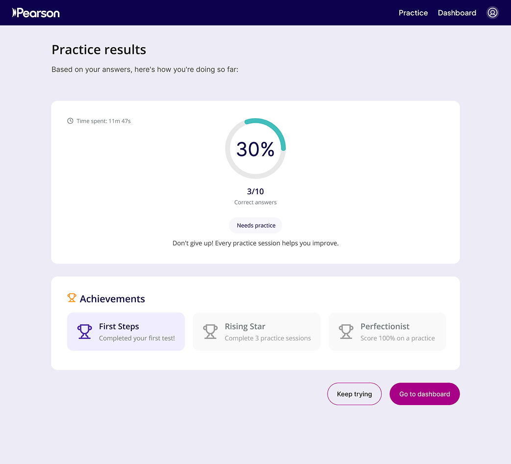 Practice results screen with an encouraging score