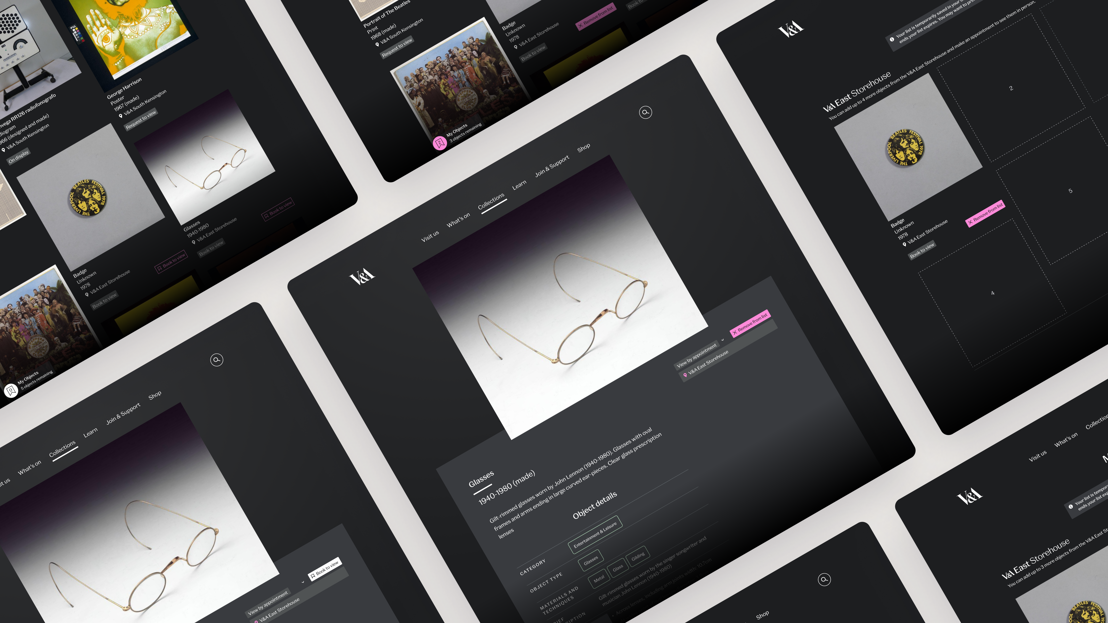 High-fidelity screens: search results with availability labels, the object page, and the My Objects crate