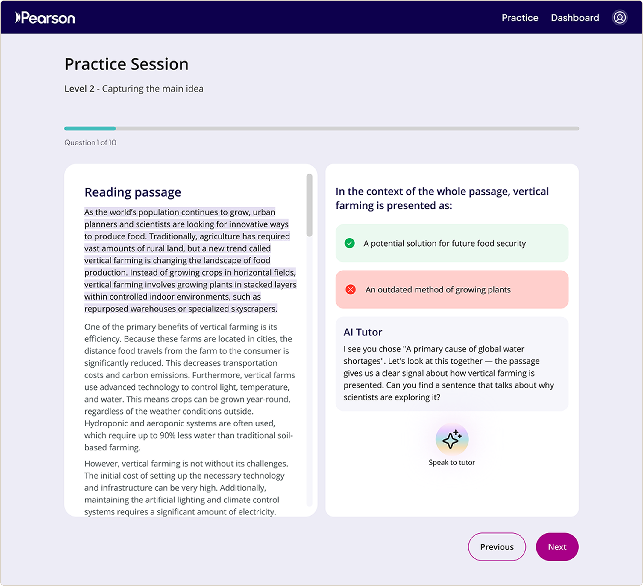 The redesigned practice session with the AI tutor in an always-visible panel beside the reading passage