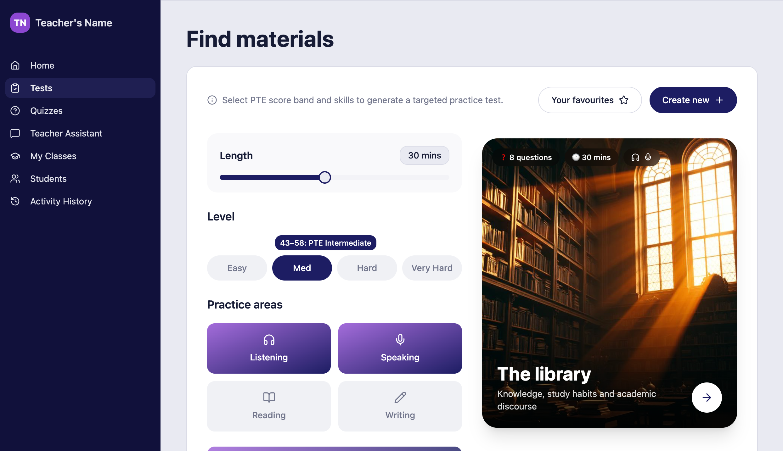 Test generator: setting length, PTE score band and practice areas to generate a targeted test