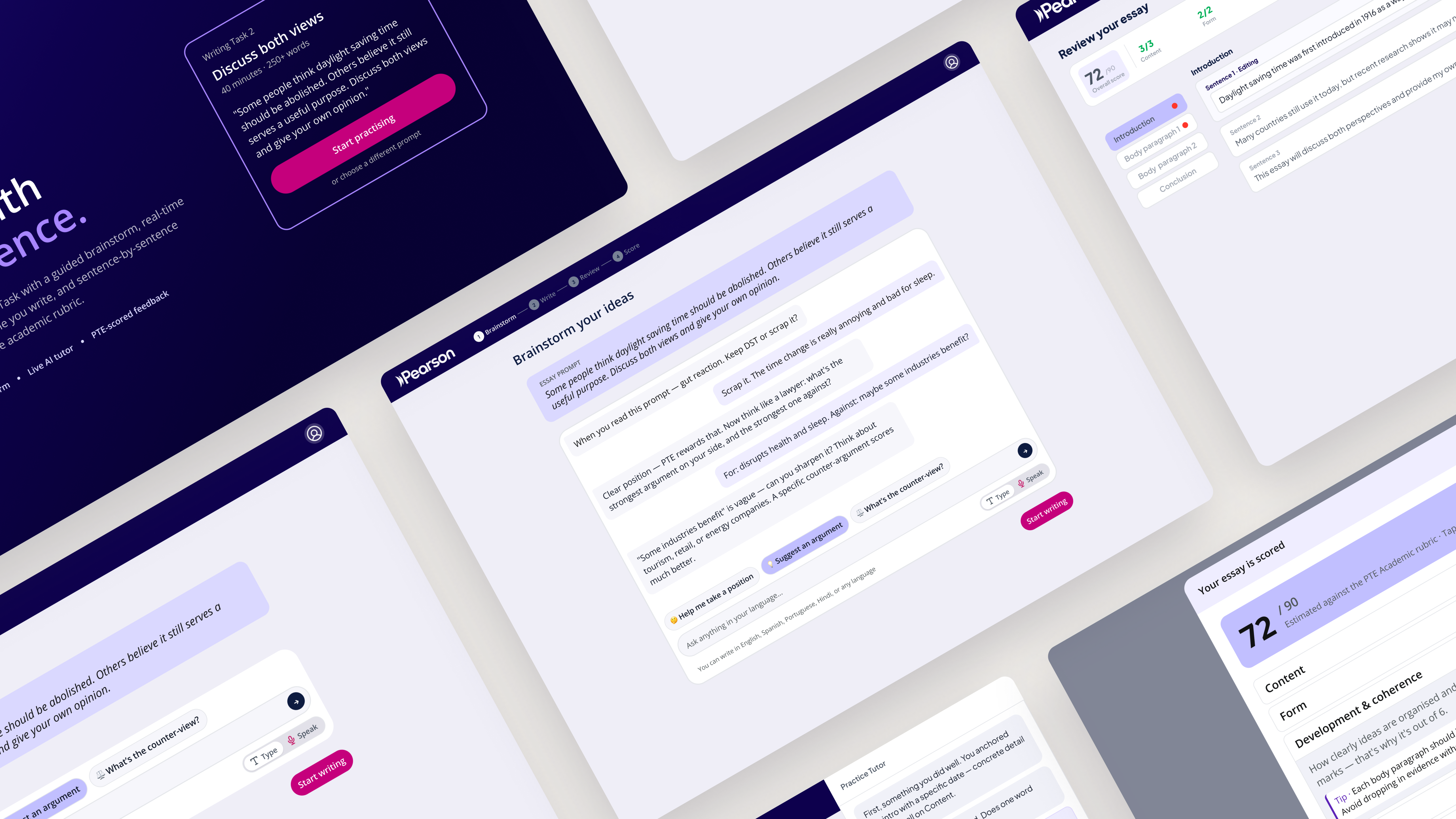The changes in place: the landing page, the redesigned toggle with a labelled microphone, and the score reveal that breaks the mark down by rubric category