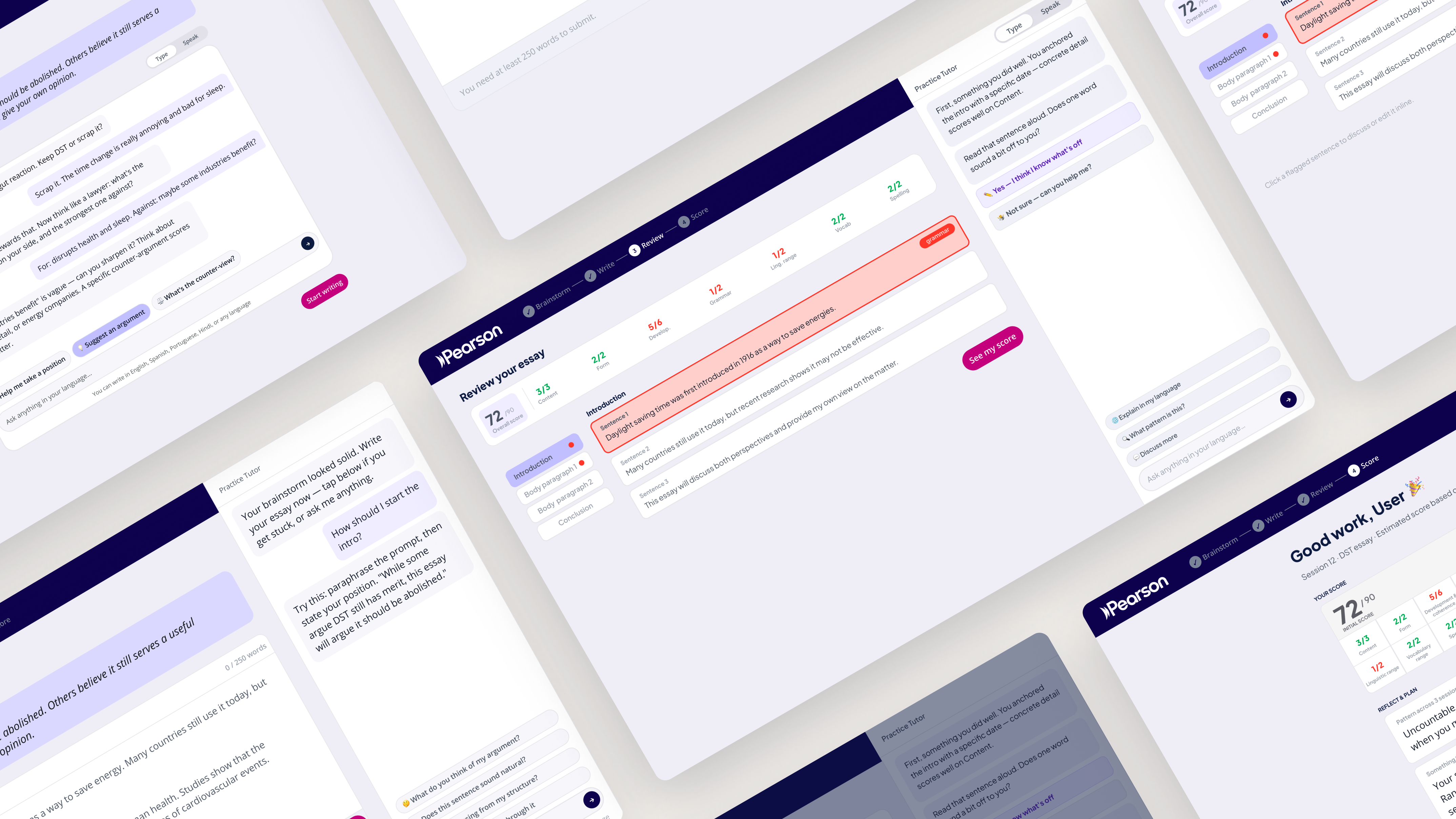 The full flow: brainstorm, the essay editor, the sentence-level review, and the scored result